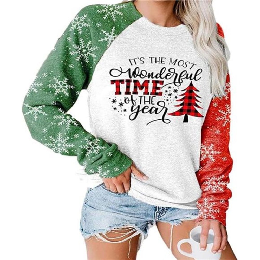 Merry Christmas Sweatshirt‎ Women Xmas Buffalo Plaid Tree Color Block Christmas